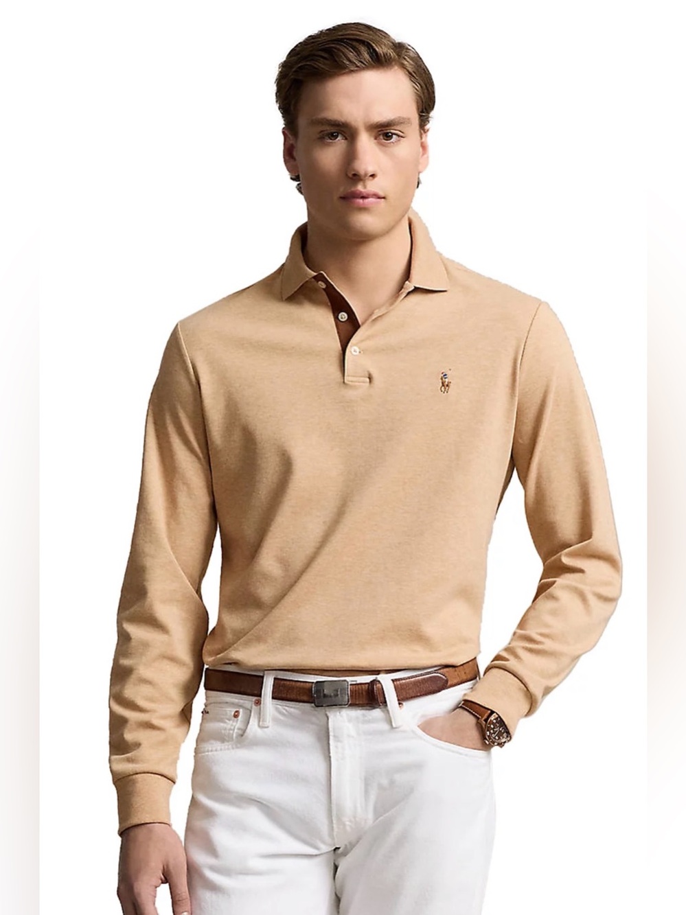 NWT Polo Ralph Lauren CAMEL TAN Soft Cotton Long Sleeve Collared Polo Shirt